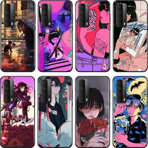 Anime Neon Color Art Girl For Huawei Y9A Y9S Y9 Y8P Y8S Y7A Y7P Y7 Y6 Y6P Y6S Y5P Y5 Prime Pro 2019 2020 Black Soft Phone Case