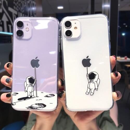 Cute Cartoon Astronaut Moon Transparent Phone Case For iPhone 11 Pro MAX X XS XR 12 Mini 7 8 Plus 6S Funny Clear Soft TPU Cover
