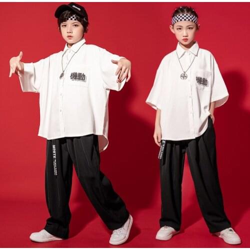 Kid Hip Hop Clothing White Oversized Shirt Top Short Sleeve Black Loose Streetwear Pants for Girl Boy Dance Costume Clothes Set