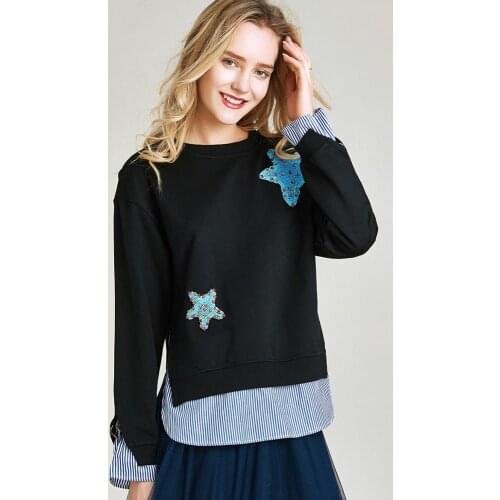 HAVVA autumn winter 100% cotton fake two-piece sweatshirt women loose round neck patchwork split bottoming pullover V3099