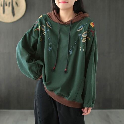 Cotton Casual Hooded Hoodies Tops Spring Autumn New Arts Style Women Long Sleeve Loose Pullovers Vintage Embroidery