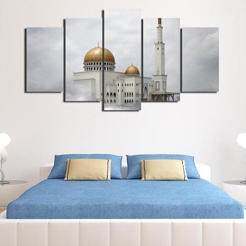 Canvas Painting Living Room 5 Panel Islam Wall Poster Frames In Modular Printed Cuadros Building Decoration Muslim Pictures