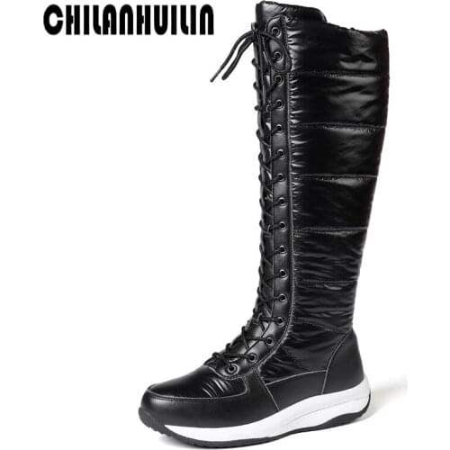Classic zip warm shoes women knee high boots down+cow leather dress casual shoes woman wedges winter snow boots hot shoes woman