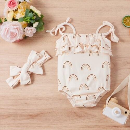 Pudcoco Newborn Baby Girl Clothes Lace-Up Suspender Romper Sweet Printing Ruffles Stitching Jumpsuits Headband 2Pcs Outfits Suit