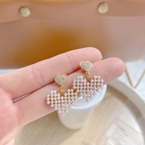 Korea New Design Fashion Jewelry 14K Gold plating Zircon Love Pearl Earrings Elegant Student Gift Womens Wedding Accessories