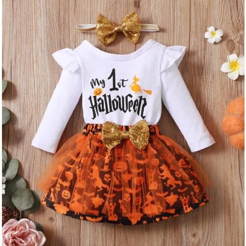 3Pcs Halloween Baby Girls Outfit Pumpkin Letter Printing Long Sleeve Round Collar Romper Mesh Bubble Skirt Headwear Set Costume