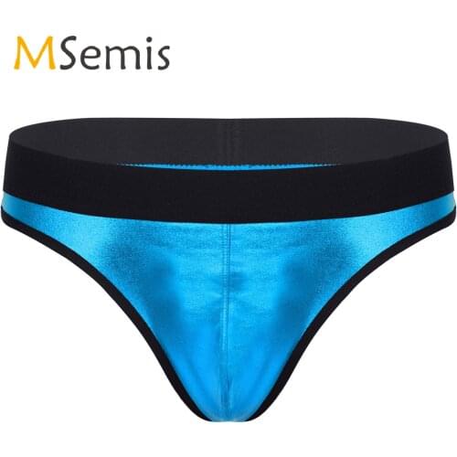 Swimwear Mens Lingerie Thongs Underwear Metallic Patent Leather Bulge Pouch Briefs Low Waist Elastic Waistband T-Back Underpants