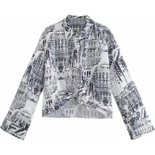 Merodi Chic Lady Fashion City Painting Print Za Short Shirts Women Casual Turn-Down Collar Long Sleeve Knotted Loose Blouse Tops
