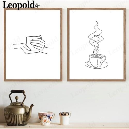 Modern Abstract Coffee Cup Canvas Poster Simple Line Hand Painting Wall Art Nordic Home Kitchen Decoration
