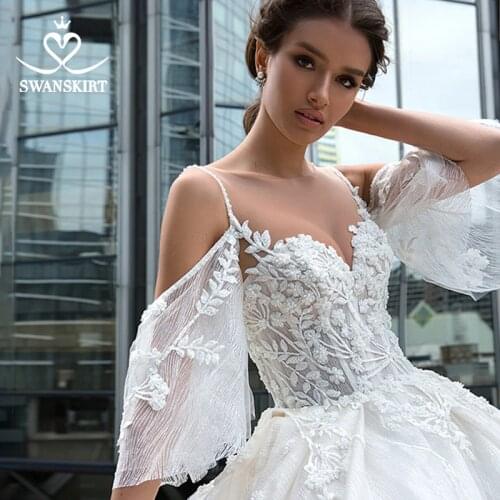 Romantic Beaded Flowers Wedding Dress SwanSarah F130 Sweetheart Appliques Lace Vestido De Noiva A-Line Court Train Bridal Gown