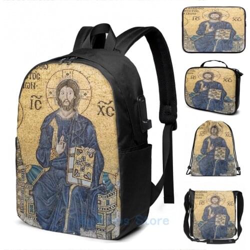 Funny Graphic print Jesus Christ Pantocrato mosaic in Hagia Sophia Istanbul USB Charge Backpack men School Travel laptop bag