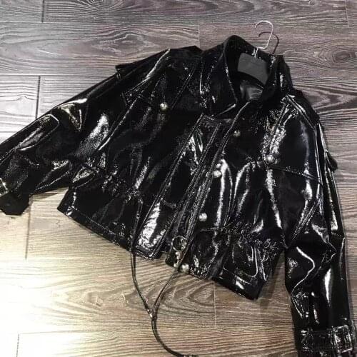Ladies real varnish leather women genuine patent leather jacket