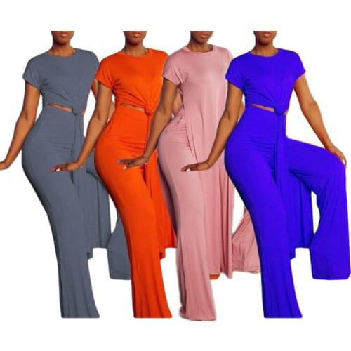 2021 autumn Women Chic Two Piece Suits Solid Casual Short Sleeve Shirt and Wide Leg Pants Set