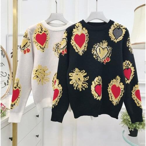 Autumn vintage heart print sweater knitted women jumpers pull femme