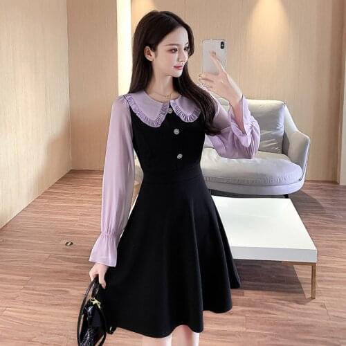 Autumn Elegant Retro Stitching Fake Two Piece Flare Long Sleeve Chiffon Dress Peter Pan Collar Slim Vestido Feminino Robe OL