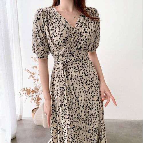 Chic Korea Gentle Elegant Sexy Retro V Neck Short Sleeve Floral Print Chiffon Dress Women Side Lace Up Waist One Piece Vestidos