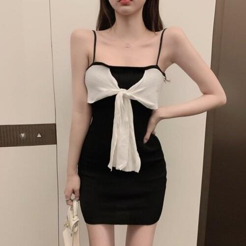 2021 Summer Womens Knitted Patchwork Bowknot Tank Dress Female Sheath Camisole Sleeveless Pencil Mini Dresses For Women