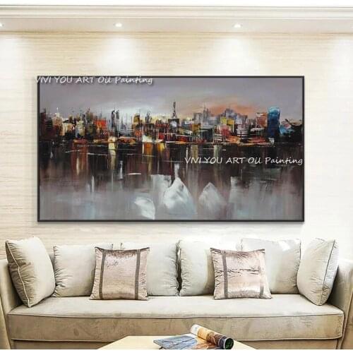 100% Hand Painted colorful city building Oil Painting Abstract Bridge painting knife modern wall Decoration Wall Art picture
