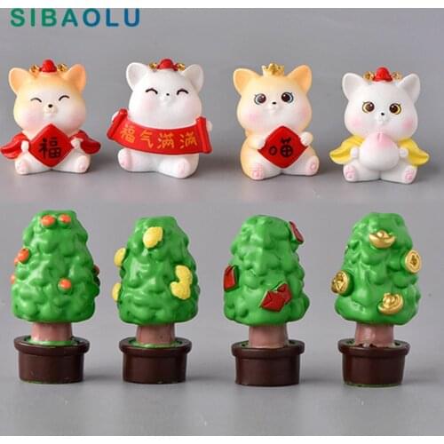 4pcs New Year Cat Lucky Trees Kitten Resin Figurine Cartoon Model Home Decor Miniature Fairy Garden Cake Decoration Accessories