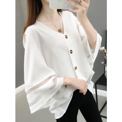 Summer Women Fashionable Casual Flared Sleeves Blouses Shirts V-Neck Solid Color Fashion Tops Blusas Large SizeMM0141