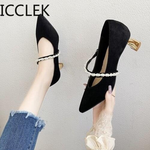 Brand String Bead Shoes Women Female Thin Med Heels Pointed Toe Pumps Work Party Wedding Shoes 2021 New Arrival Zapatos De Mujer