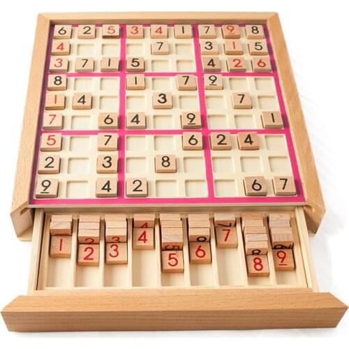 Wooden Sudoku Puzzle Board Wood Sudoku Game Set with Drawer Math Brain Teaser Desktop Toys