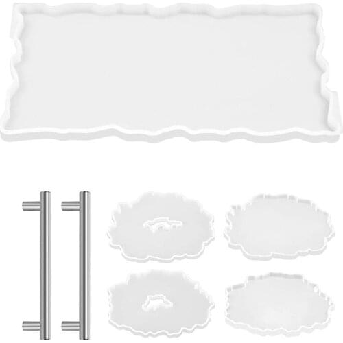 Resin Tray Molds,1Pc Resin Tray Mold with 4 Pcs Coaster Molds and 2Pcs Silver Handles for Resin Casting