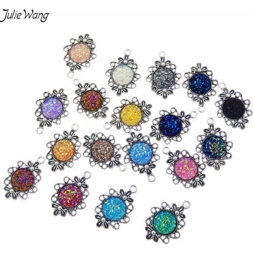 Julie Wang 10pcs/pack Metal Tray Shiny Flower Cameo Charms Mixed pendant for jewelry making Necklace Earring Bracelet Accessory