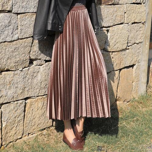 JuneLove autumn women elegant pleated skirts vintage ladies fashion velvet elastic waist midi skirts female casual loose bottoms