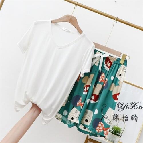 Summer Women Cotton Printed Pajamas Set Short Sleeve Sleepwear Ladies Nightwear Cute Casual Homewear Female Pyjamas Sleepsuit