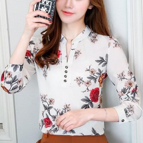 Fashion Women Blouse Shirts 2021 New Chiffon Print Flowers Plus Size Long Sleeve Women Tops White Shirt Blusas Feminine 904H