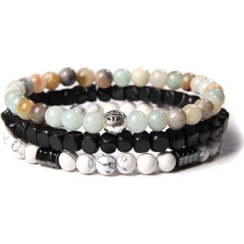 Men & Women Bracelet Set Natural Amazonite Howlite Square Black Wood Craft Beads Charm Bangle Couples Jewelry Friendship Party