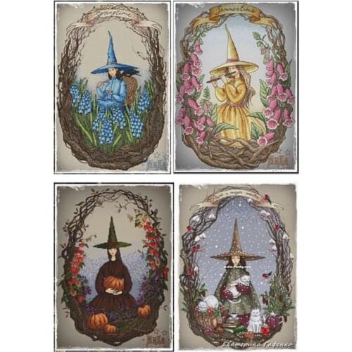 Lovely Counted Cross Stitch Kit Witch wizard Fairy Spring Summer Autumn Winter Time Four Seasons Season