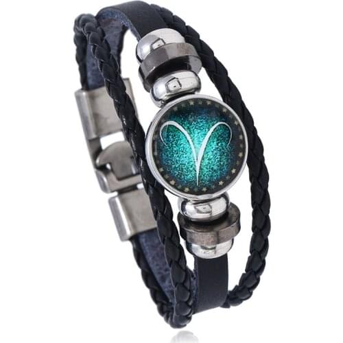 12 Constellations Bracelet 2018 New Fashion Alloy Jewelry Leather Bracelet Men Casual Personality Zodiac Signs Punk Bracelet