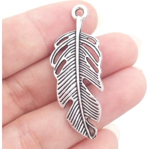 BULK 30 Zinc Alloy Metal Large Size Feather Pendant Vintage Silver Plated Retro Pendant DIY Necklace Making 16*39mm 2.6g