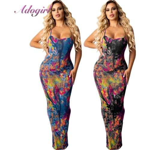Sexy Tie Dye Strapless V Neck Party Club Jean Maxi Dress Women Casual Bandage Backless Street Denim Long Dresses Outfit Vestidos