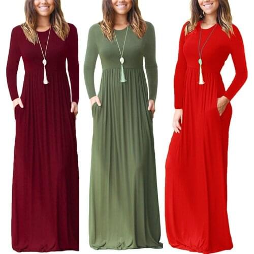 Casual Long Dress Women Autumn O-Neck Solid Long Sleeve Pocket Elastic High Waist Maxi Dresses Female Slim Midi Robe Plus Size