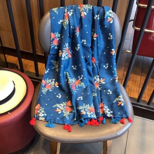 Ladies Fashion Navy Blue Floral Tassel Viscose Shawl Scarf Women High Quality Pashmina Wraps and Hijabs Muslim Sjaal 180*90Cm