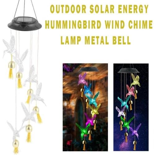 Solar Powered LED Hummingbird Wind Chime Light Outdoor Garden Hanging Decor Wind Chimes Color Changing LED Bulbs