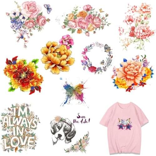 Flower Butterfly Iron on Heat Transfer Patches for Kids Clothing Cat Animal DIY Stripes Dragon T-shirt Custom Stickers Appliques