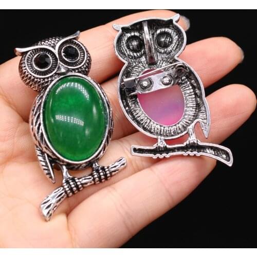 Womens Brooch Natural Stone Alloy Pendant Owl-Shaped For Jewelry Making DIY Necklace Bracelet Clothes Shirts Accessory