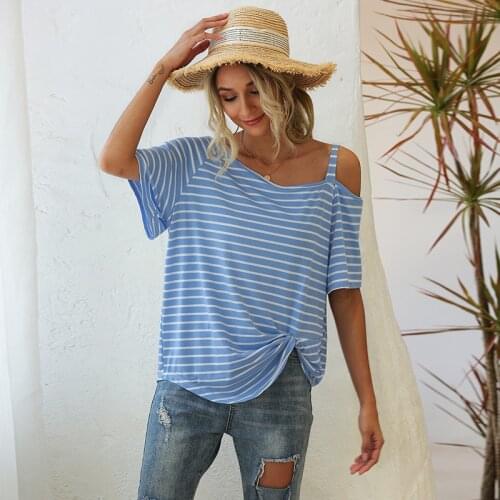 Off-shoulder Short Sleeve O-Neck Women T Shirt Casual Loose Slant collar wide striped Tops Summer Tee Shirt For Women Clothes