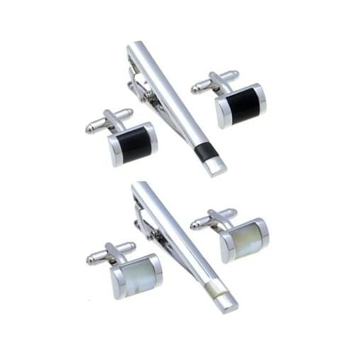 5sets/lot Luxury Onyx Cufflinks+Tie Clip Set White Seashell Cuff Link Tie Bar Sets Arch Shape Business Style Mens Jewelry