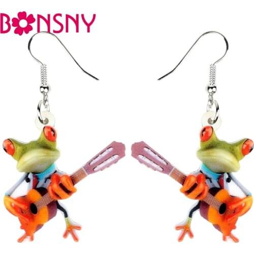 Bonsny Acrylic Novelty Guitarist Frog Earrings Drop Dangle Cartoon Cute Animal Jewelry For Women Girls Teens Charms Wholesale