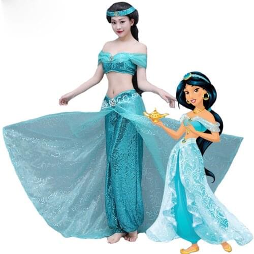 Aladdin and the Magic Lamp Jasmine cosplay costume Adult Halloween costumes Fancy belly dance clothing Princess Jasmine costume