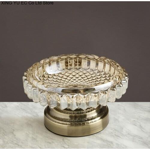 American Creative Glass Ashtray Decoration Living Room Coffee Table Decoration Household Storage Box Alloy Base Dried Fruit Tray