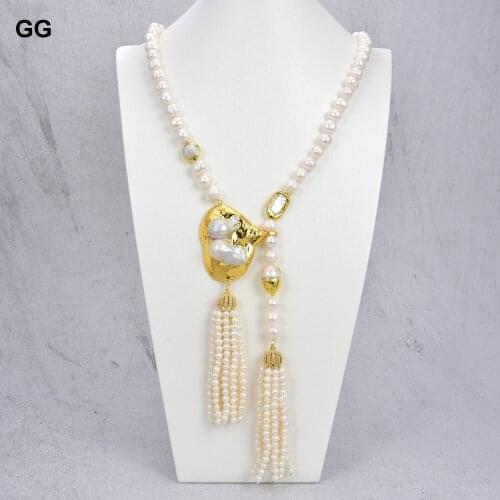 GG Jewelry 36" 10mm Cultured White White Pearl Asymmetric Necklace Big Keshi Pearl Pendant