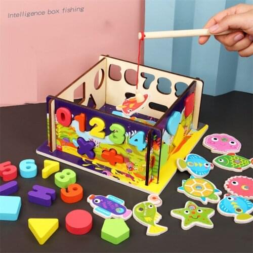 2 in 1 Wooden Fishing Toy Digital Geometric Shape Matching Puzzle Magnetic Fishing Game Outdoor Toys Cognition Set For Children