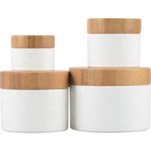 Eco Friendly White Plastic Cosmetic Bottle, White Plastic Cosmetic Cream Jars Packaging,Bamboo Lid Environmental Round 50ml 1 oz