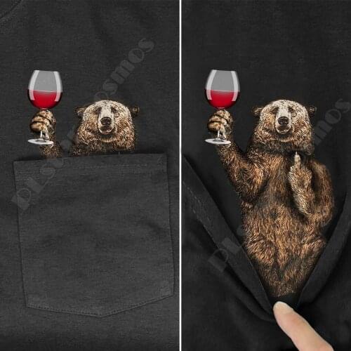 Hippie Pocket Tee T Shirts summer Bear Wine printed t-shirt men for women tops black cotton funny Short sleeve drop shipping